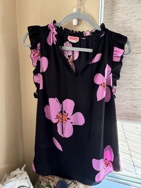kate spade Black Top with Pink Floral Print and Ruffle Sleeves